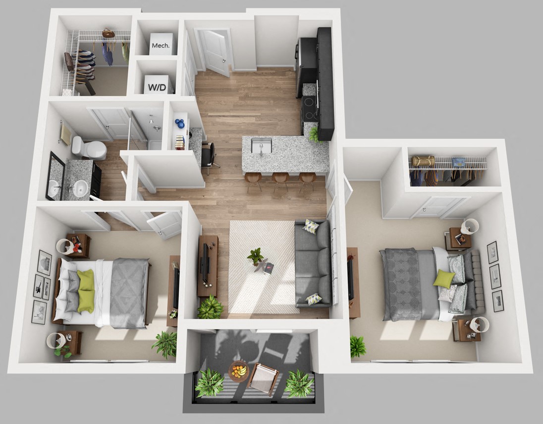 Floor plan for 2 beds, 1 bath, 834 sqft